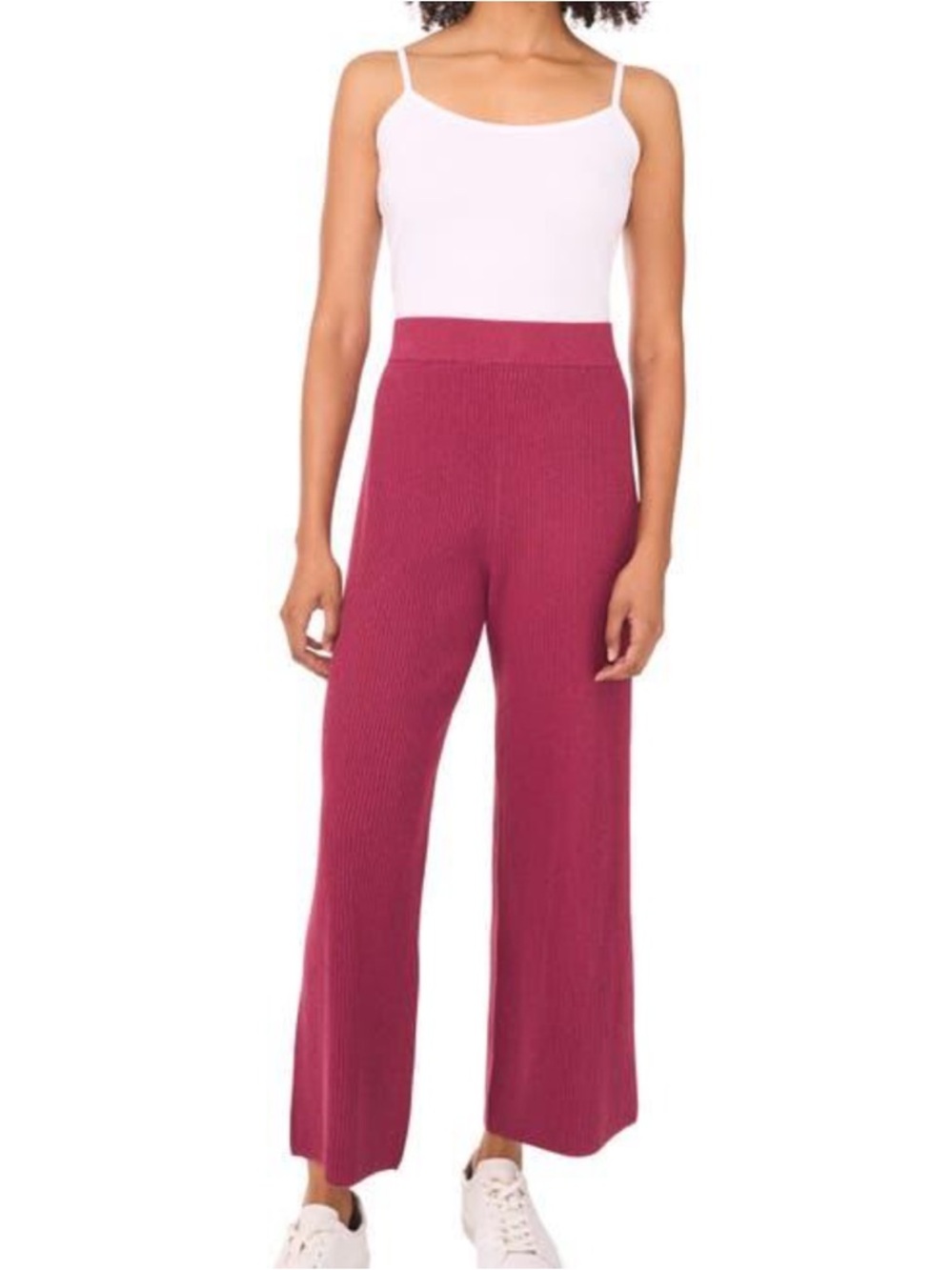 Halogen Cropped Wide-Leg Ribbed Knit Pants in Red Wine Heather